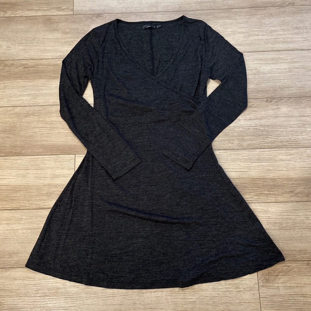 Prana Womens XL Gray Wool Blend Long Sleeve Faux Wrap V-Neck A-Line Mini Dress